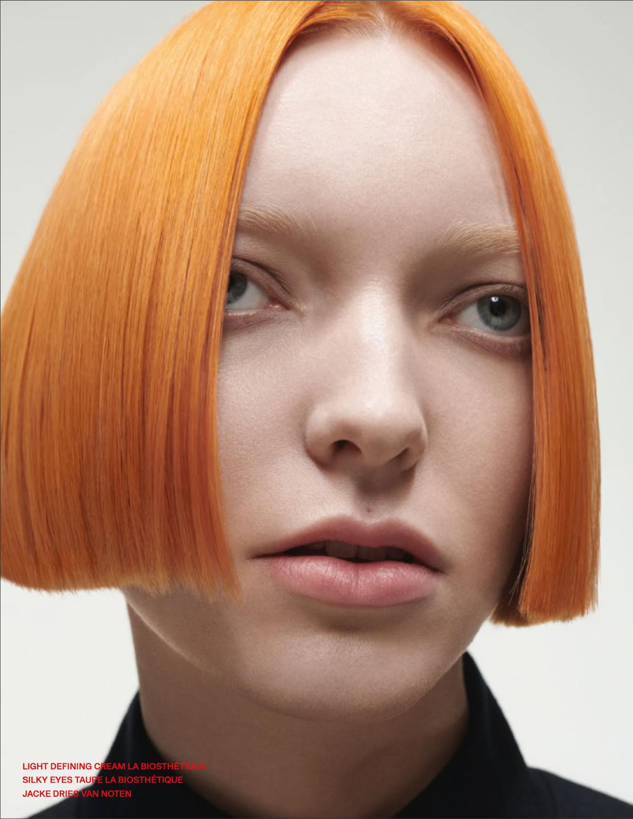 Leuchtend orangefarbener Bob Haarschnitt - Editorial Styling von Hauke Schmidt Berlin-Mitte
